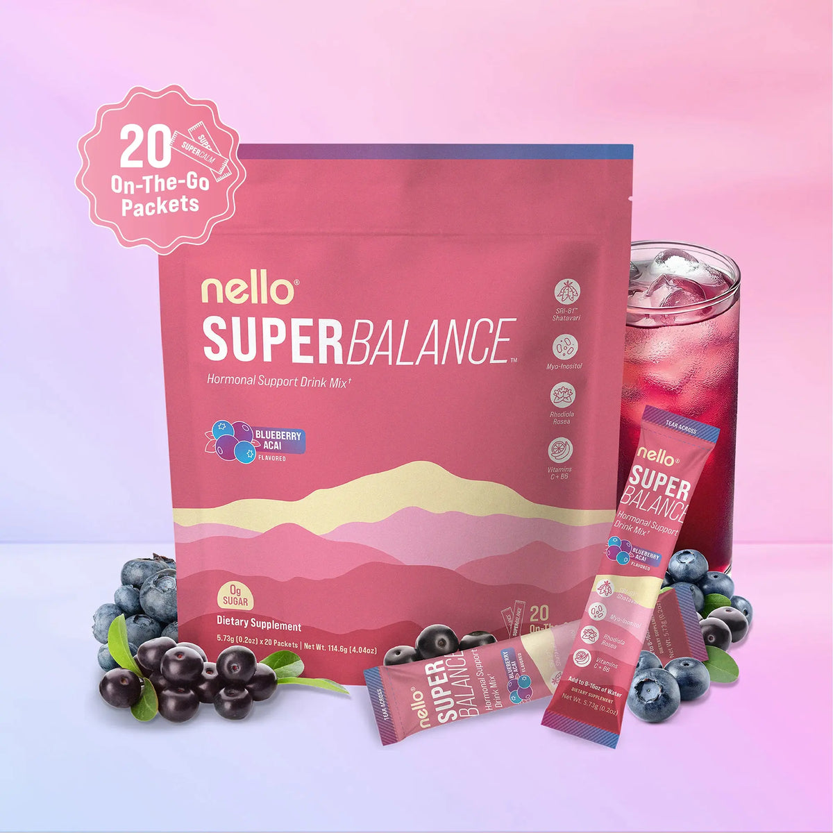 Nello Superbalance Hormonal Support Drink Mix, 20 Travel Packets, SRI-81 Shatavari, Myo-Inositol, Rhodiola Rosea, Vitamin C, Magnesium, Theobromine, Vitamin B6/C