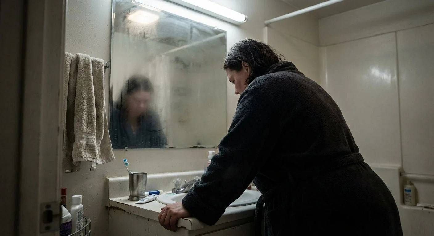 Woman alone at a bathroom sink