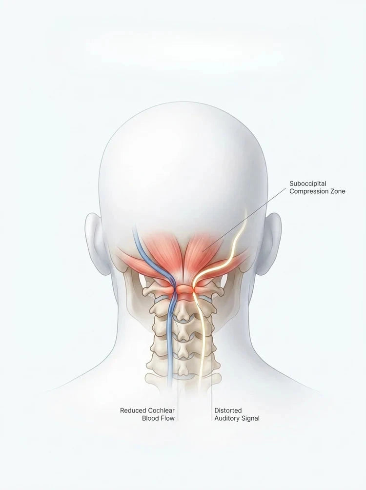 Anatomical diagram showing suboccipital compression zone